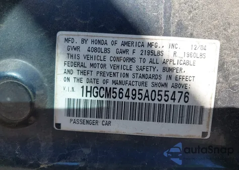 2005 Honda Accord 2.4 Lx from USA, damaged, VIN 1HGCM56495A055476